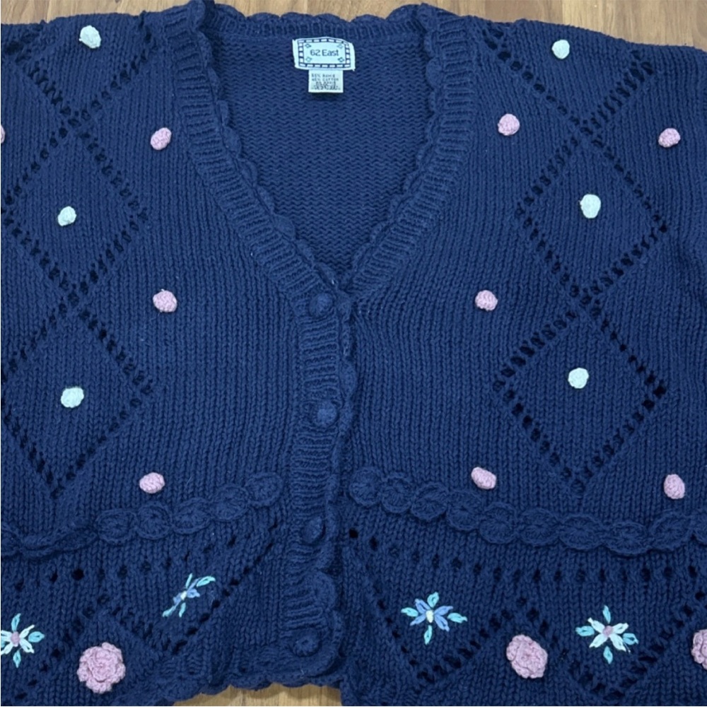 Women's Navy Blue Cardigan with Pink and White Accents - Picture 5 of 8